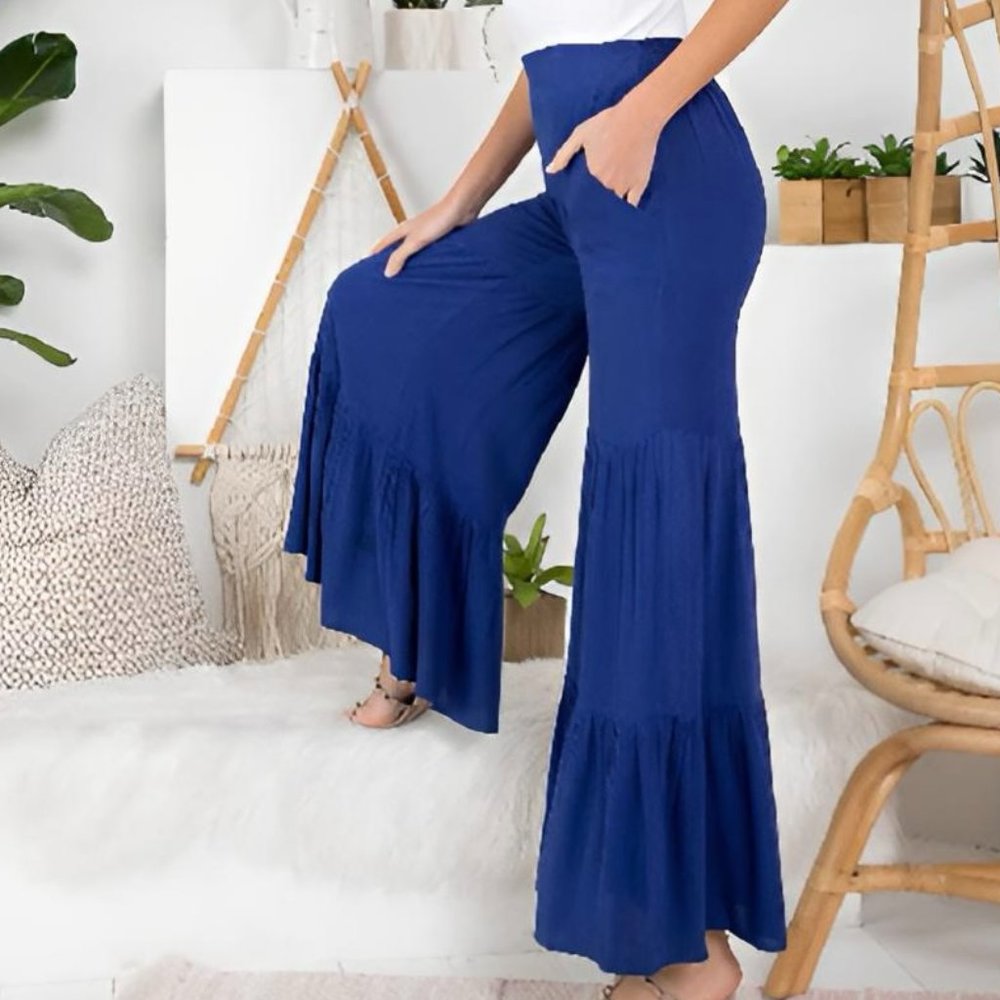 Cobalt Blue Tiered Ruffle High Waist Palazzo Pants